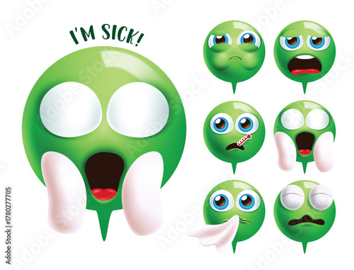 Emoji sick and shock face clipart set. Green face emoji sick, shock, unwell, upset, sneezing, cough, fever and flu emoticon character clip art round chat bubble emojis collection vector illustration.
