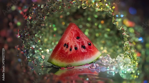 Vibrant Watermelon Slice Surrounded by a Sparkling Rainbow Glitter Ring Creating a Dreamlike Colorful Frame