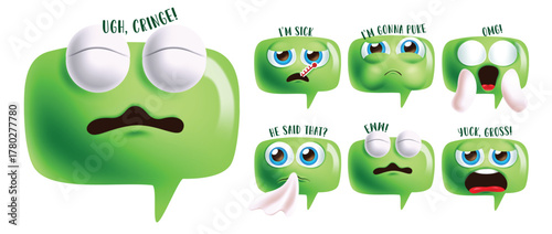 Emoji cringe green face icon clipart set. Emojis green speech bubble clip art with cringe, embarrassed, sick, vomit, shock, sad, worried and disappointed facial expressions emoticon collection vector 