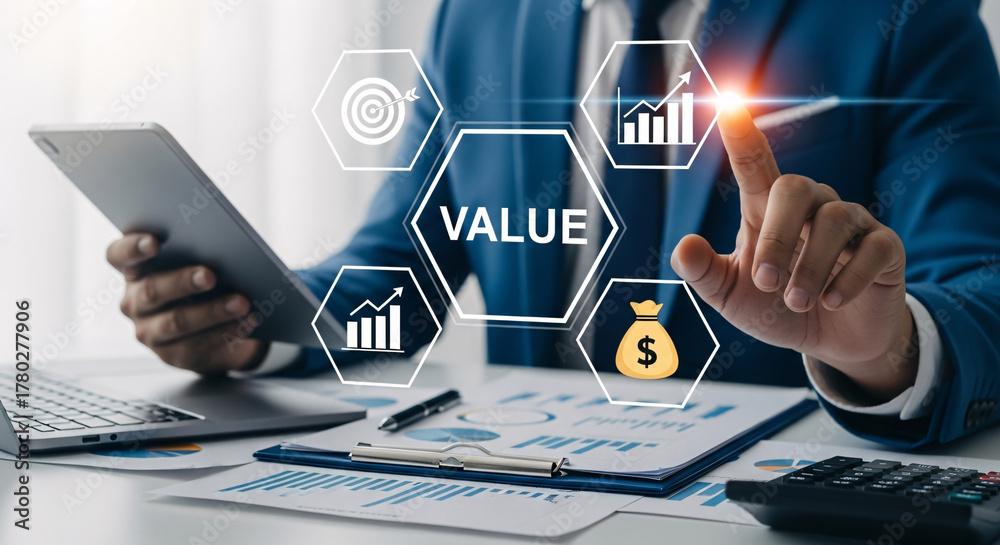 Fototapeta premium Business Professional Uses Tablet for Data Analysis