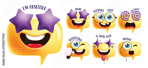 Emoji obsessed star eye clipart set. Emojis obsessive, admire, nerd, dizzy, searching, yummy and shocking face clip art in yellow speech bubble facial expression with chat  emoji text collection 
