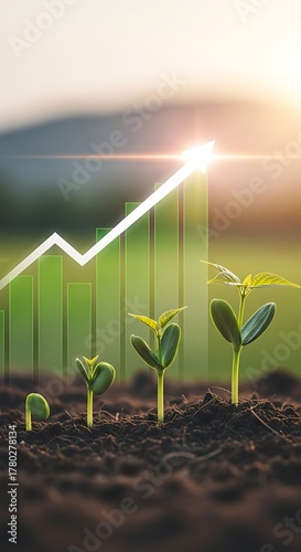 Seedling growth stages superimposed with a financial graph and rising arrow, illustrating investment returns and business expansion