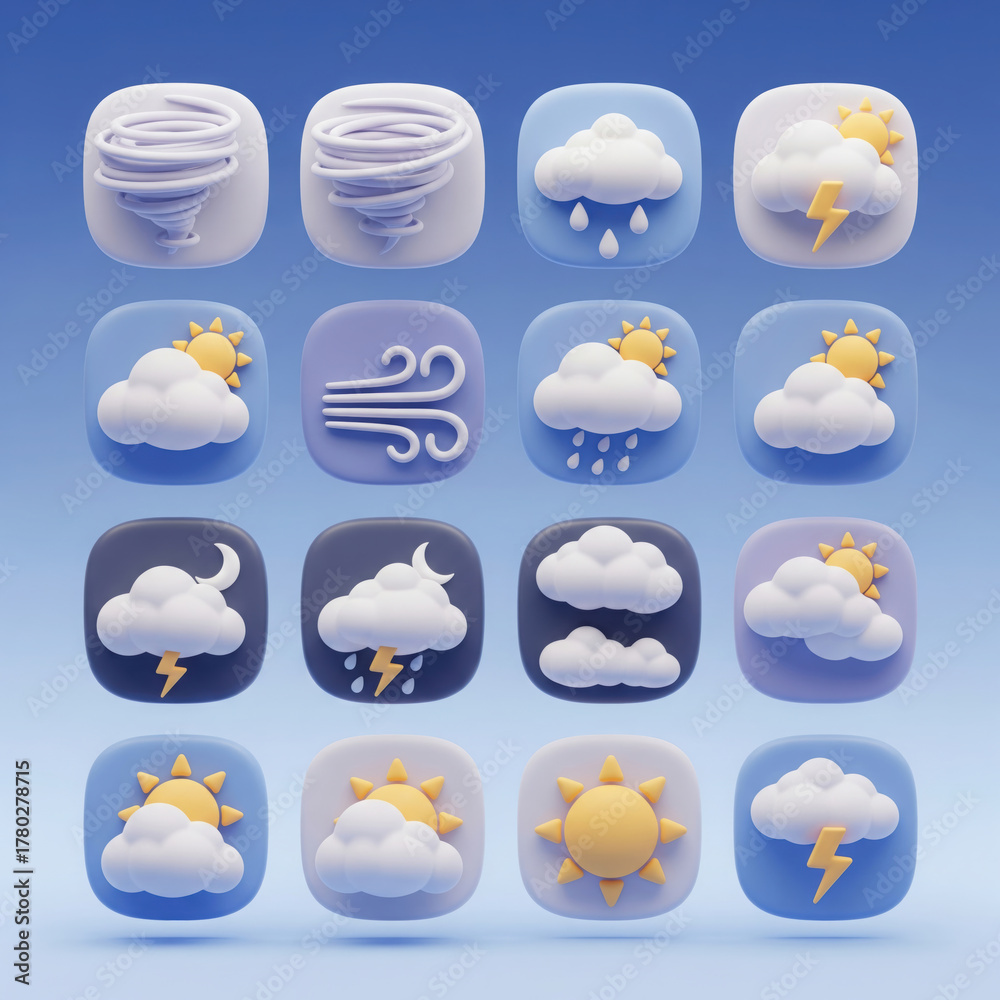 Obraz premium Kawaii 3D Weather Symbol Set in Blue Gradient Background