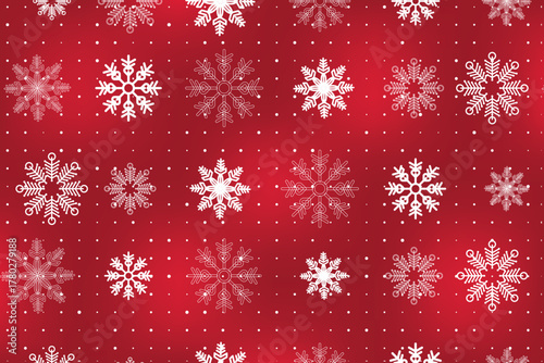 Trendy Christmas seamless pattern. Red Buffalo Plaid background with white winter snowflakes texture. Vector checkered plaid and snowfall print for fashion, fabric, wrapping paper, New Year decor.