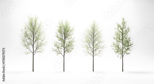 Set of four birch trees 3D rendering of spring foliage isolated on white background