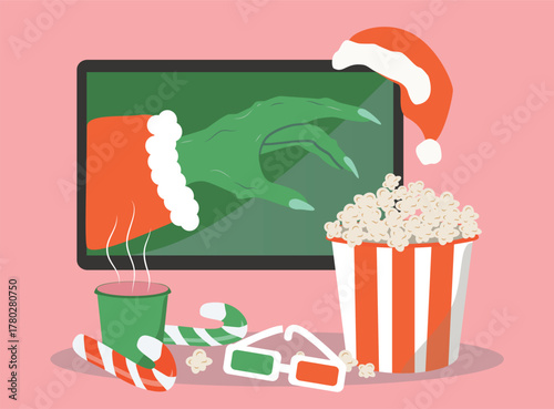 Flat style vector illustration. Watching movies on Christmas Eve. TV, popcorn, and candy.