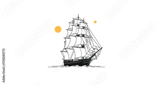 Minimalist black and white illustration of a majestic clipper ship sailing on calm waters with two subtle yellow circles in the background.