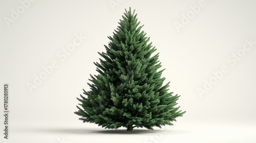 A crisp, super realistic studio shot of a perfectly shaped, vibrant green, bare Christmas tree, completely ready to be decorated. 
