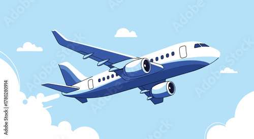 An illustration of a blue and white passenger airplane flying through a clear blue sky with white clouds, symbolizing air travel and transportation.