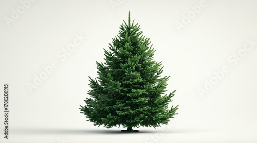 A crisp, super realistic studio shot of a perfectly shaped, vibrant green, bare Christmas tree, completely ready to be decorated. 