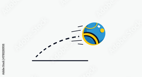A stylized blue and yellow ball in dynamic motion, depicted with speed lines and a dashed parabolic trajectory from a flat surface.