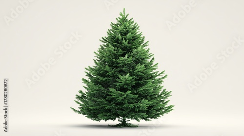 A crisp, super realistic studio shot of a perfectly shaped, vibrant green, bare Christmas tree, completely ready to be decorated. 