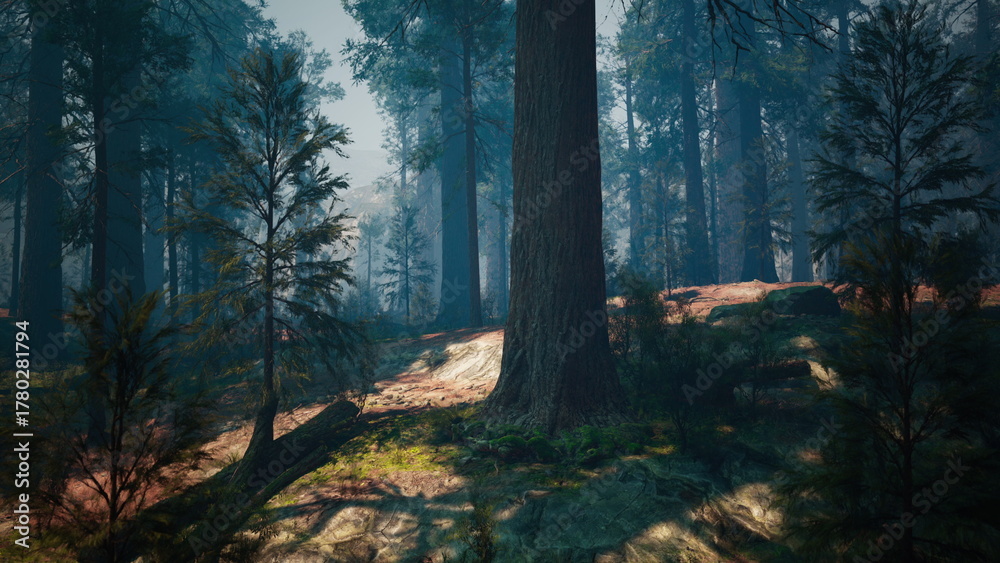 Fototapeta premium Morning light gently pierces through the dense trees in a tranquil forest. Soft shadows dance on the ground, creating an enchanting atmosphere filled with natures beauty.
