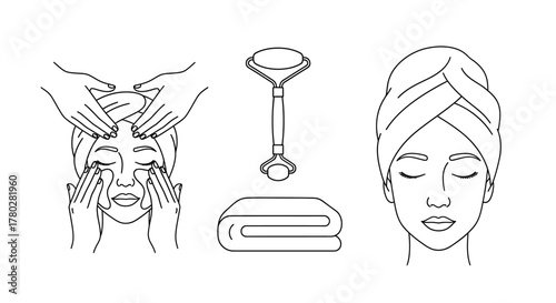 Set of facial treatment icons including massage jade roller and towel simple line art for beauty and wellness concepts