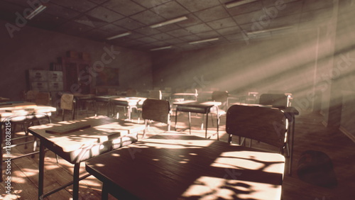 Golden sunlight pours through the classroom windows, casting long shadows across the empty desks. The serene atmosphere hints at stories once shared within these walls during afternoon lessons.