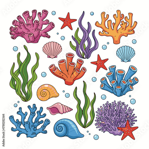 Hand drawn coral and seaweed set, vector illustration of aquarium plants, underwater ocean flora, seashells, algae and starfish. Flat cartoon marine plants and sea life from the seabed.
