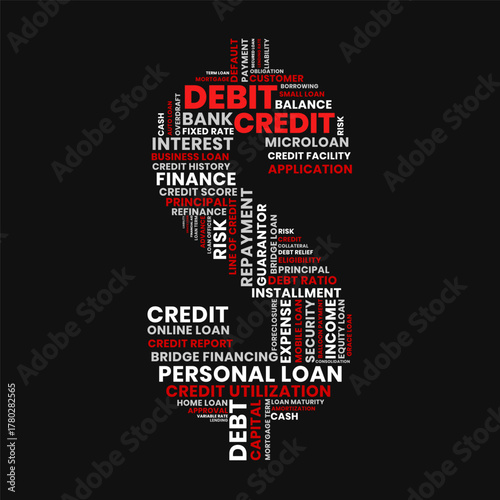 Debit credit loan word cloud shaped like a dollar sign, finance and risk illustration