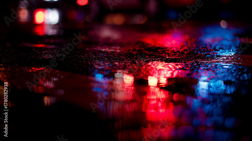 pavement. Glowing red and blue lights reflecting on wet pavement at night with dramatic contrast. mobility guides, transit brochures, designed for mobility and urban transit guides.
