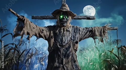 Eerie scarecrow in cornfield under full moon halloween imagery