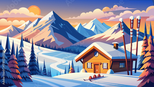 A tranquil snowy ski resort surrounded by mountains, a set of skis and poles resting beside a wooden cabin, warm golden light contrasting the cold snow, evoking comfort, sport, and winter exploration