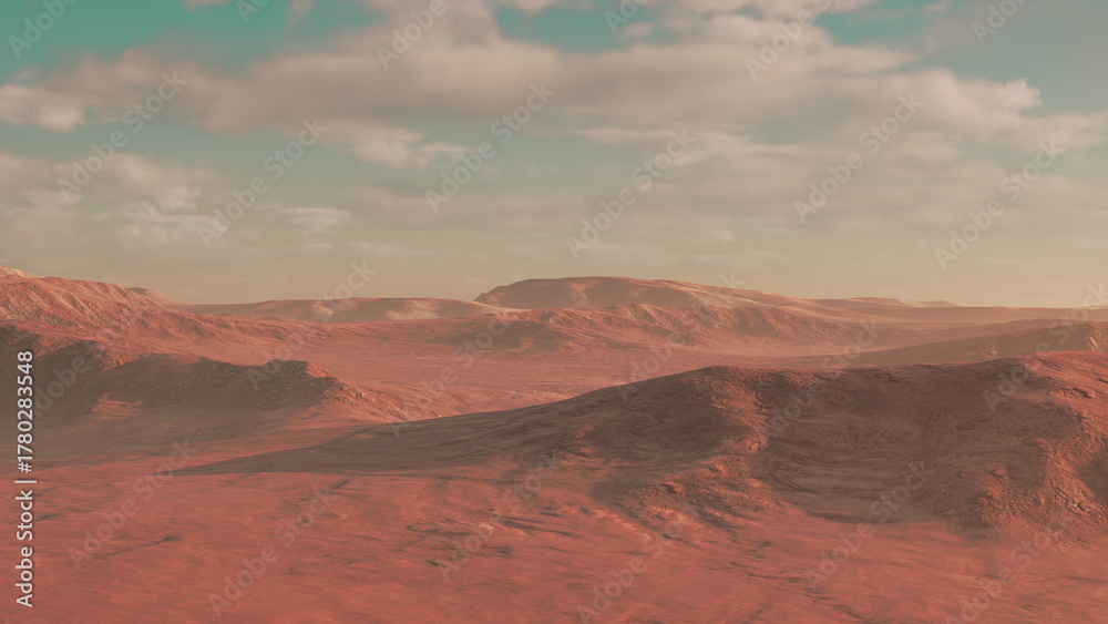 Naklejka premium A vast terrain of red rocks and hills stretches across the horizon, with a gentle sky above filled with soft clouds. Shadows play on the ground, creating an otherworldly atmosphere.