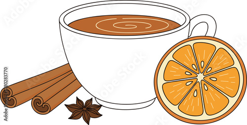 Hot cup of spiced tea with orange slice, cinnamon sticks, and star anise, cozy winter drink, warm beverage illustration