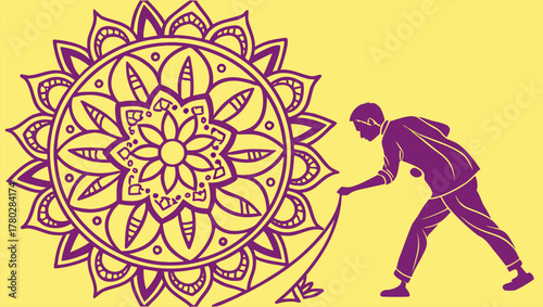 Vector illustration of Diwali celebration with layered paper cut Indian Rangoli design in deep purple tones set against a bright yellow backdrop, symbolizing joy, light, and tradition in a festive art
