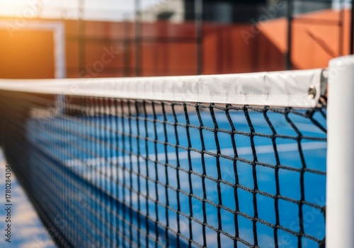 Close-up of black padel or tennis net on outdoor blue court with warm sunlight, sports background concept