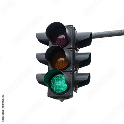 Green traffic light hanging isolated on white transparent, go sign