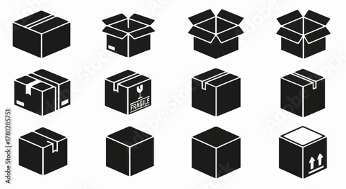Isometric cardboard box icon set for shipping and delivery. Collection of black glyph symbols representing package, cargo, and moving services