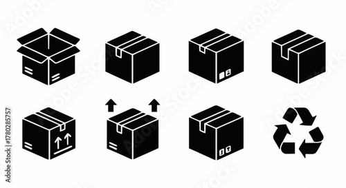 A simple collection of black solid glyph icons for shipping and logistics, this conceptual set includes isometric cardboard boxes and a recycle symbol