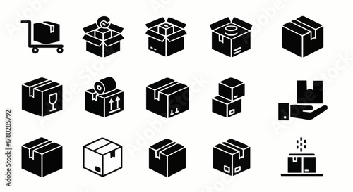 Set of Black Box Icons Illustration of Delivery Packaging, Shipping and Distribution