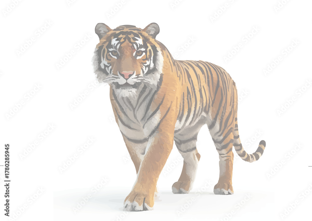 Obraz premium Majestic Tiger on the Prowl: A magnificent tiger strides confidently forward, showcasing its striking orange and black stripes. Capturing the wild grace of a predator in its element.