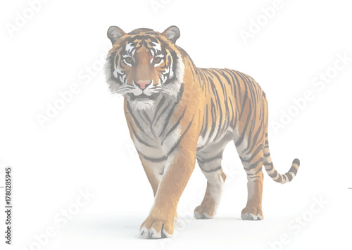 Majestic Tiger on the Prowl: A magnificent tiger strides confidently forward, showcasing its striking orange and black stripes. Capturing the wild grace of a predator in its element.