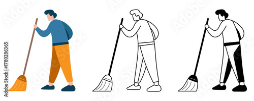 Cleaning worker holding broom isolated vector illustration
