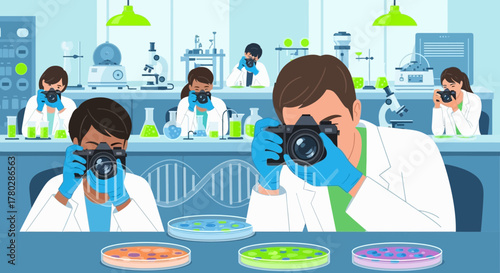 Lab photography: scientists documenting experiments with cameras in research laboratory