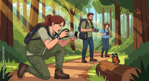 A group of nature photographers capturing the beauty of a forest butterfly