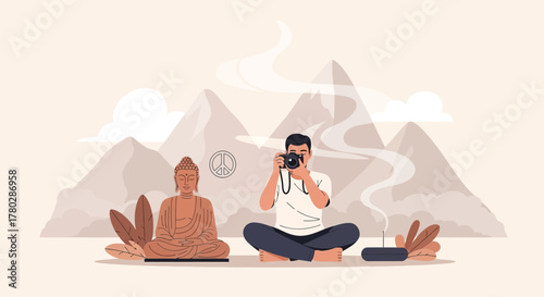 Photographer captures serene moment near Buddha statue with mountainous backdrop