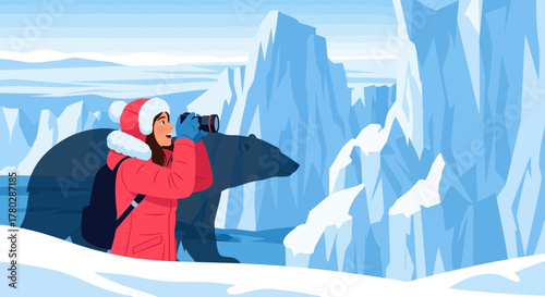 Illustrative Arctic Expedition Featuring Wildlife Photography and Ice Landscape