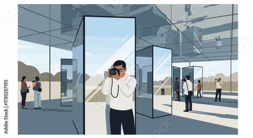 Modern art museum with transparent glass structures and visiting observers