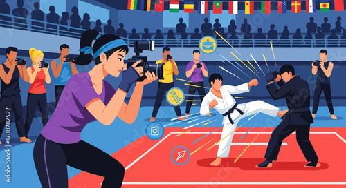 Dynamic portrayal of martial arts competition captured by avid photographers