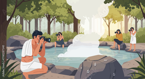 Photographers capture a vibrant geyser in a picturesque forest landscape