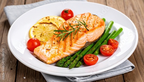 Fried salmon steak with cooked green asparagus, cherry tomatoes and lemon slices served on white plate on wooden table