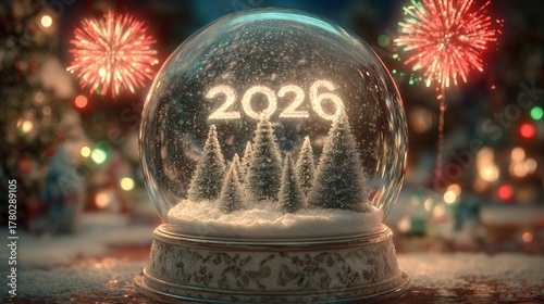 A enchanting, super realistic close-up of a festive snow globe. Inside the pristine glass dome, the numbers 2026 glow with a soft, ethereal light, appearing to float in the swirling snow. 
