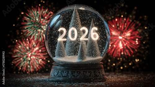 A enchanting, super realistic close-up of a festive snow globe. Inside the pristine glass dome, the numbers 2026 glow with a soft, ethereal light, appearing to float in the swirling snow. 