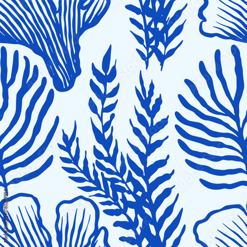 Corals and seaweed seamless pattern. Abstract Botanical Illustration. Underwater sea plants and flora. Hand Drawn 