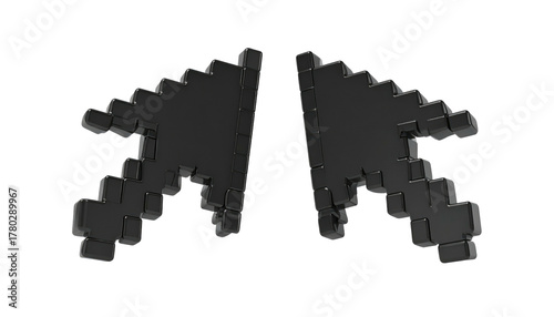 Two pixelated, 3D black cursors pointing inwards symmetrically on a black background, creating a simple, minimalist design
