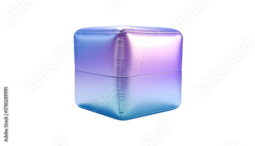 Soft rounded cube with gradient of blue, violet, and pale pink against a black background