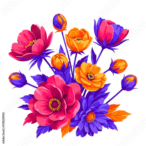 Vibrant illustration of colorful flowers and buds isolated on transparent background