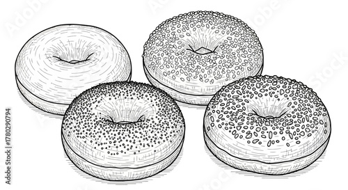 An illustration of four bagels, each with a different topping and texture.